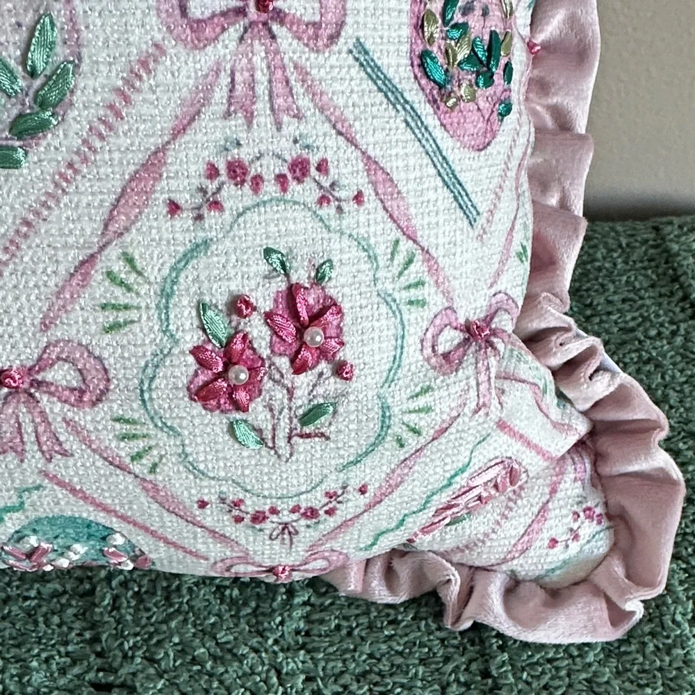 Shabby Chic Easter Egg 🥚 Pillow Pink Ribbon Bow Green Rose Ruffle Trim NEW!